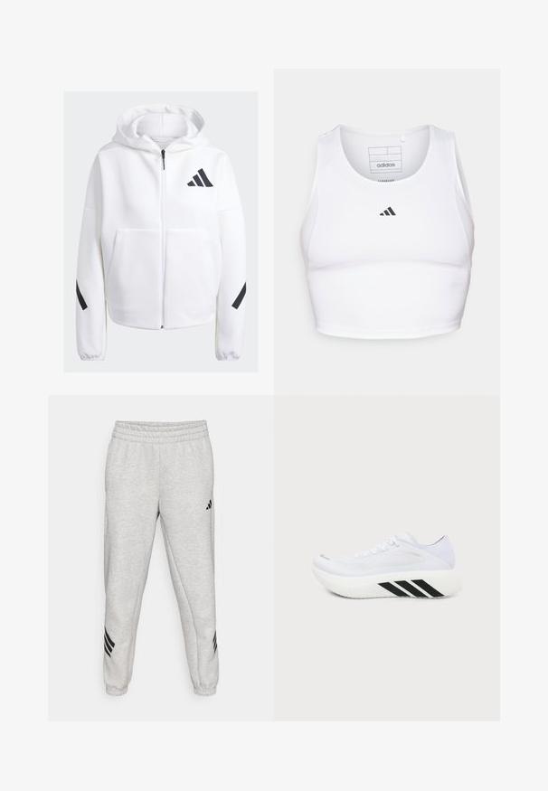 Weißer Reißverschluss-Hoodie mit schwarzen Akzenten, großen Fronttaschen, weichem Textilgewebe und lockerer Passform. Mit Kapuze und Markenlogo auf der Brust.; Weißes sportliches Crop-Top aus leichtem, atmungsaktivem Material. Mit Mesh-Seitenpanelen und schwarzem, gesticktem Logo auf der Brust.; Hellgraue Jogginghose mit einem gerippten elastischen Bund, schmal zulaufenden Beinen und drei schwarzen diagonalen Streifen nahe den Bündchen. Glatte Textur.; Weißer Sportschuh mit dicker Sohle, schwarzen diagonalen Streifen an der Zwischensohle, Mesh-Obermaterial und Schnürsenkeln, von der Seite auf neutralem Hintergrund gezeigt.