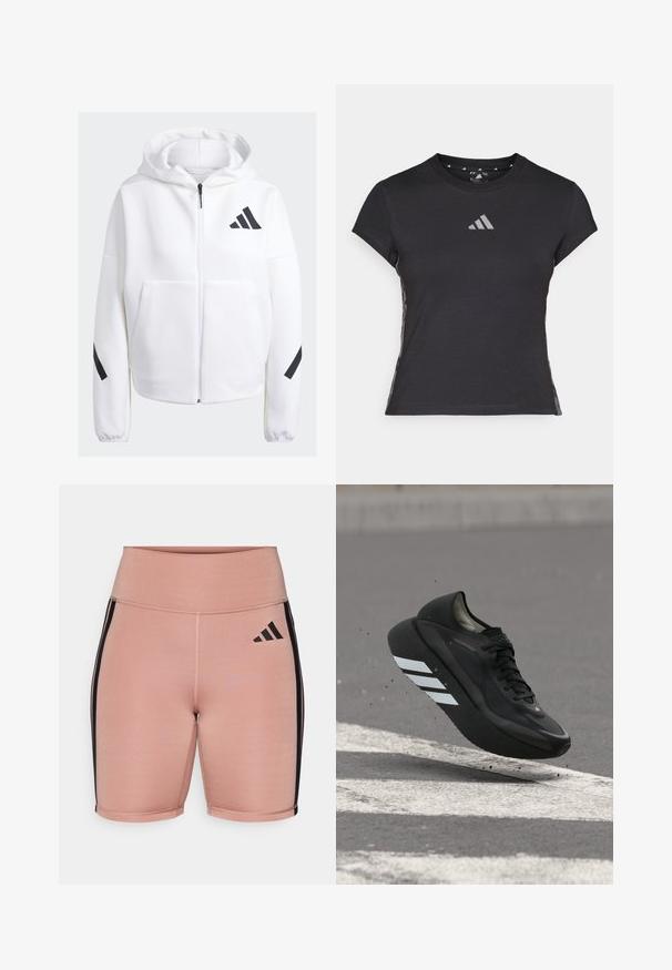 Sudadera blanca con cremallera y detalles en negro, grandes bolsillos frontales, tejido suave y texturizado, y un corte relajado. Presenta una capucha y el logotipo de la marca en el pecho.; Camiseta atlética negra de manga corta, con cuello redondo y un logo reflectante en el pecho. Presenta acentos laterales con patrón.; Pantalones cortos deportivos rosas con una cintura alta, hechos de material elástico. Presentan franjas laterales negras y el logo de Adidas en el lado izquierdo.; Zapatilla de correr negra con rayas blancas en la suela, suspendida sobre el asfalto con señalizaciones viales blancas, levantando pequeños escombros.