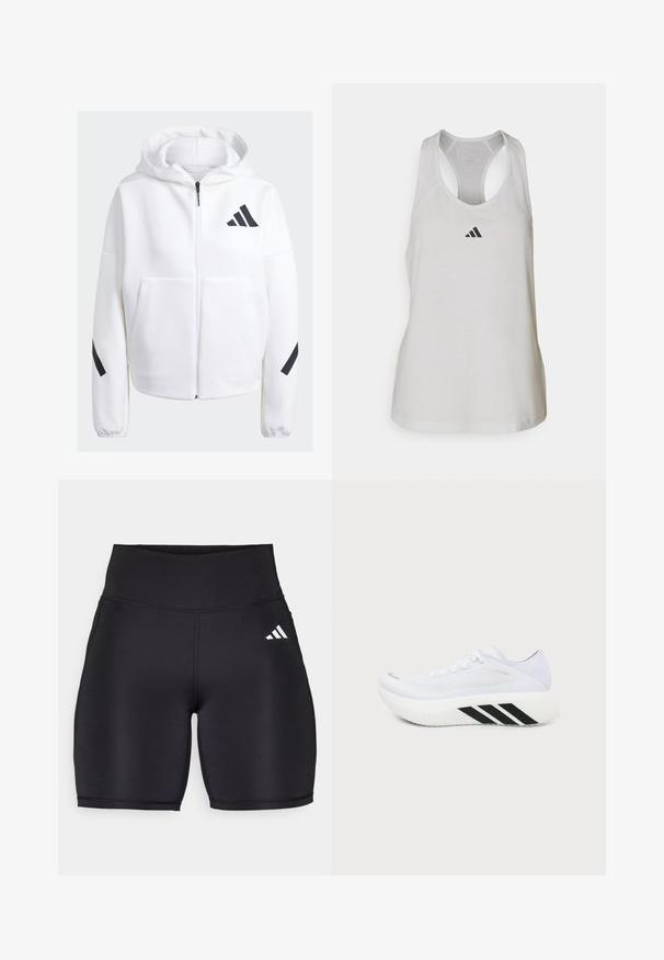 Sudadera blanca con cremallera y detalles en negro, grandes bolsillos frontales, tejido suave y texturizado, y un corte relajado. Presenta una capucha y el logotipo de la marca en el pecho.; Camiseta deportiva blanca de tirantes, confeccionada en un tejido ligero, con un diseño de espalda cruzada y un pequeño logo negro en el pecho.; Pantalones cortos deportivos negros hechos de una tela elástica, con una cinturilla alta, una textura suave y un logo de tres rayas blancas en el costado.; Zapatilla deportiva blanca con suela gruesa, rayas diagonales negras en la entresuela, parte superior de malla y cordones, mostrada desde un lado sobre un fondo liso.