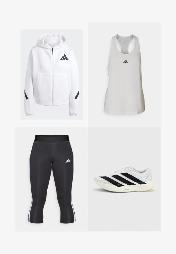 Weißer Reißverschluss-Hoodie mit schwarzen Akzenten, großen Fronttaschen, weichem Textilgewebe und lockerer Passform. Mit Kapuze und Markenlogo auf der Brust.; Weißes Sport-Top aus leichtem Stoff mit Racerback-Design und kleinem schwarzem Logo auf der Brust.; Schwarze Capri-Leggings mit breitem Bund, versehen mit weißen seitlichen Streifen und einem weißen Adidas-Logo auf dem linken Oberschenkel. Glatte Textur.; Weißer Laufschuh mit schwarzem Drei-Streifen-Design an der Seite und dicker weißer Sohle mit der Aufschrift "Lightstrike Pro" auf einfarbigem Hintergrund.