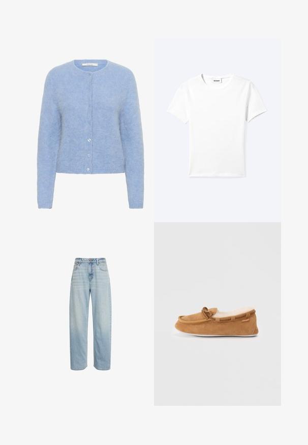 Lys blå cardigan lavet af blødt, tekstureret stof. Har en rund halsudskæring, lange ærmer og seks matchende knapper langs fronten.; Ensfarvet hvid t-shirt med korte ærmer og rund halsudskæring med en lille "WEEKDAY" label indeni halskanten, vist fladt på en lys baggrund.; Lys blå jeans med højtaljet lige ben, fem lommer og knaplukning, vist mod en hvid baggrund.; Brune ruskind moccasin-slipper med faux fur-for, en rund tå og dekorativ sløjfe detaljer. Har en gummisål og kontrasterende kanter.