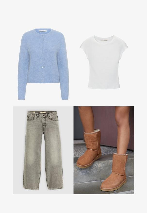 Lichtblauwe cardigan van zacht, gestructureerd stof. Beschikt over een ronde halslijn, lange mouwen en zes bijpassende knopen aan de voorkant.; Witte katoenen T-shirt met korte, opgerolde mouwen, een ronde halslijn en een rechte zoom. Gladde textuur zonder zichtbare patronen of accenten.; Lichtgrijze, ruime jeans gemaakt van denim. Heeft een traditionele vijf-pocketstijl en een lichte vervaging door de stof.; Bruine suède enkellaarsjes met een ronde neus, zachte voering en een rubberen zool, met zichtbaar stiksel langs de naden.