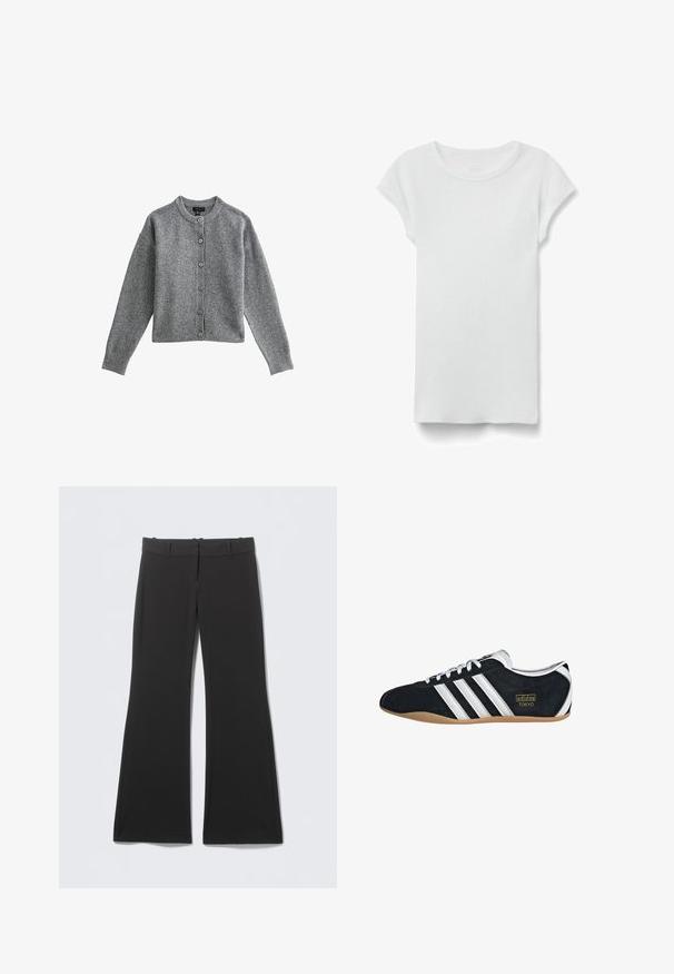 Cárdigan de punto gris con cuello redondo, mangas largas y cierre de botones en la parte delantera. Presenta puños y dobladillo acanalados, fabricado en un material suave.; Camiseta blanca de manga corta con cuello redondo acanalado, colocada en plano sobre fondo blanco, mostrando el lado frontal y un estilo casual sencillo.; Pantalones negros acampanados con textura de tela suave, con una cinturilla clásica y cierre frontal oculto. Sin patrones ni detalles visibles.; Zapatillas de ante negro con tres franjas blancas, logotipo dorado y suela de goma marrón. Presentan un diseño de cordones de perfil bajo.