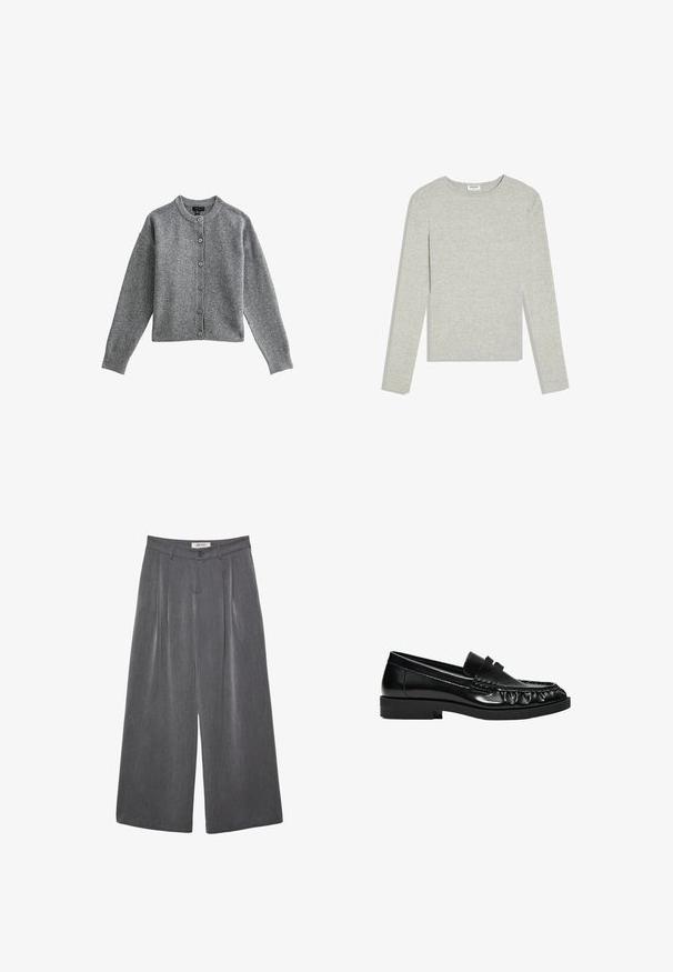Gilet tricot gris avec un col rond, des manches longues et un bouton à l'avant. Présente des poignets et un ourlet côtelés, fabriqué en matériau doux.; Chemise gris clair à manches longues avec col rond, coupe ajustée et sans motifs ou logos visibles, posée à plat sur un fond blanc.; Pantalon gris à jambes larges avec plis, confectionné dans un tissu doux. Dispose d'une fermeture à boutons et d'une taille cintrée.; Mocassin en cuir noir avec petit talon, bout arrondi, détails cousus et une bride traversant le dessus.