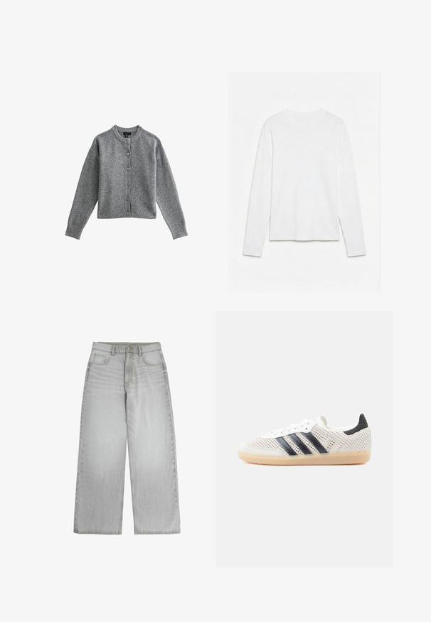 Cárdigan de punto gris con cuello redondo, mangas largas y cierre de botones en la parte delantera. Presenta puños y dobladillo acanalados, fabricado en un material suave.; Camiseta blanca lisa de manga larga con cuello redondo, extendida sobre una superficie blanca, mostrando el frente y la longitud completa de la manga.; Vaqueros de pierna ancha en gris claro con bolsillos delanteros, trabillas para cinturón, cierre de botón y cremallera, mostrados planos sobre fondo blanco.; Zapatillas deportivas de malla blanca con diseño de tres franjas negras, punta redondeada y suela de goma color café. Cuentan con un cuello de talón suave y cierre de cordones.