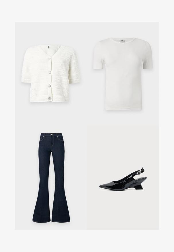 Cardigan blanc en maille à manches courtes avec col en V, motif ondulé texturé, bordures côtelées et quatre boutons décoratifs en forme de fleurs argentées.; T-shirt blanc côtelé à manches courtes, col rond, coupe ajustée et étiquette de la marque JDY à l'intérieur du col.; Jean en denim bleu foncé taille haute avec jambes évasées, bouton et zip à l'avant, et conception à cinq poches.; Chaussure slingback en cuir verni noir avec bout pointu et petit talon bloc incliné sur fond clair uni.