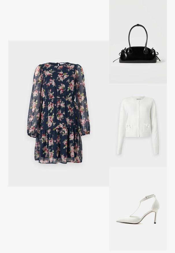 Cardigan blanc en maille avec manches longues, encolure ronde, fermeture à boutons, et deux poches ornées de petits nœuds. Matière douce et texturée.; Robe bleu marine à manches longues avec imprimé floral rose et blanc, taille élastique, manches bouffantes transparentes, et jupe à volants.; Escarpin blanc à bout pointu avec fine bride de cheville et boucle, finition lisse et talon stiletto fin sur un fond uni.; Petit sac à main noir brillant avec deux longues anses et des détails à cordon sur les côtés sur un fond clair uni.