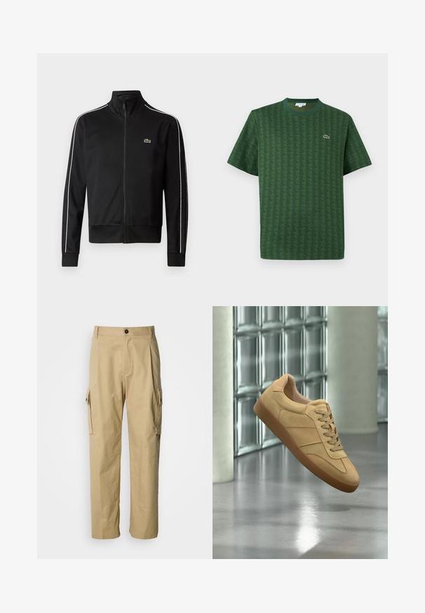 Zwarte zip-up sportjas van gladde stof, met witte zijstrepen en een klein groen logo op de borst. Hoge kraagontwerp.; Groen t-shirt van katoen met een getextureerd geometrisch patroon. Heeft een geribbelde ronde hals en een klein logo op de borst.; Beige cargobroek gemaakt van duurzaam stof, met een ontspannen pasvorm, zijzakken en een knoopsluiting in de taille.; Beige suède sneaker met rubberen zool, veterdesign, zwevend binnenshuis op gepolijst betonnen vloer nabij een glasblokmuur.