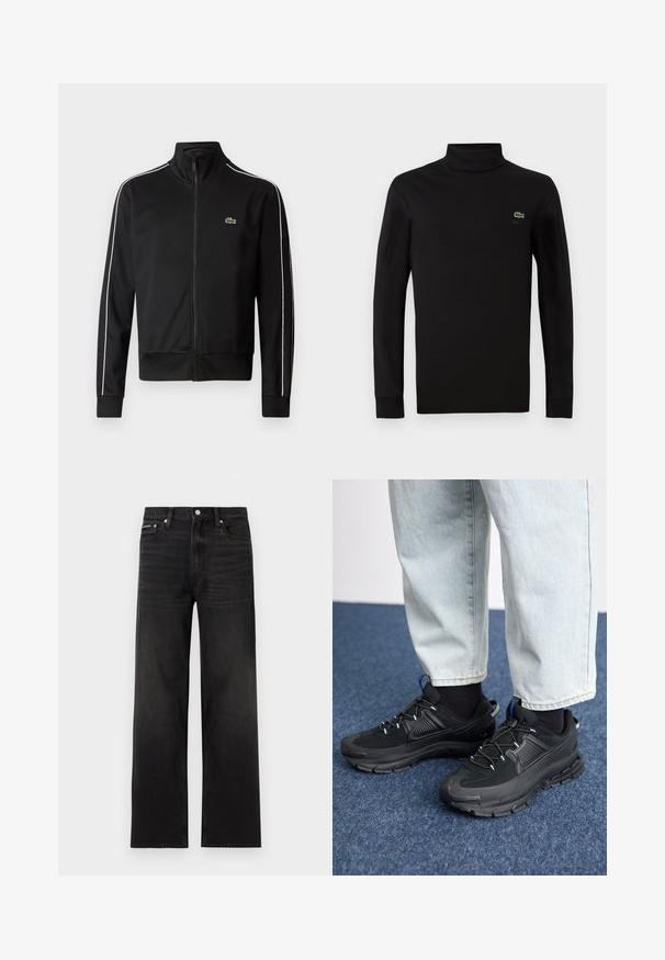 Sort lynlås trackjakke lavet af glat stof, med hvide sidelommer og et lille grønt logo på brystet. Høj krave-design.; Sort langærmet turtleneck lavet af glat bomuldsstof, med et lille grønt krokodillelogo på venstre bryst.; Sorte jeans med lige ben, fem-lomme design, bæltestropper og knaplukning, vist på en hvid baggrund.; Sorte træningssko med tekstureret stof og gummisåler, udstyret med elastiske snørebånd og en blå detalje på hælen. Bæres med lyse denimbukser.