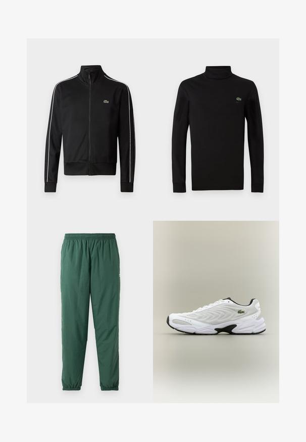 Sort lynlås trackjakke lavet af glat stof, med hvide sidelommer og et lille grønt logo på brystet. Høj krave-design.; Sort langærmet turtleneck lavet af glat bomuldsstof, med et lille grønt krokodillelogo på venstre bryst.; Grønne, lette, elastiske bukser med en rynket talje og manchetter, lavet af et glat, vandafvisende materiale.; Hvide atletiske sko med tekstureret mesh-overdel, buet design og kontrasterende sort ydersål. Har en grøn broderet logo på siden.