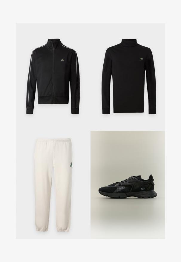 Schwarze Zip-Jacke aus glattem Stoff mit weißen Seitenstreifen und einem kleinen grünen Logo auf der Brust. Hoher Kragen.; Schwarzes langärmeliges Turtleneck aus glattem Baumwollstoff, mit einem kleinen grünen Krokodil-Logo auf der linken Brust.; Helle beige Sweatpants aus Baumwolle mit einem elastischen Bund, gerippten Bündchen und einem grünen Logo mit Blattdesign am linken Bein.; Schwarzer Lacoste-Sneaker mit Netz- und Wildlederpaneelen, schwarzer Sohle, Schnürsenkeln, Logo und Koordinatentext an der Seite auf einem schlichten beigen Hintergrund.