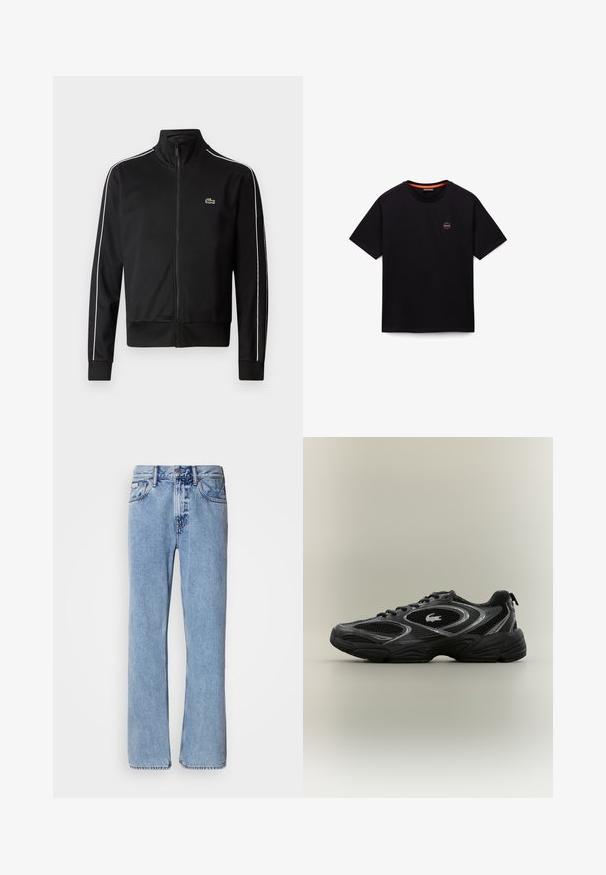 Sort lynlås trackjakke lavet af glat stof, med hvide sidelommer og et lille grønt logo på brystet. Høj krave-design.; Sort T-shirt med korte ærmer og rund hals, med lille rundt logo på venstre bryst og orange kant inde i kraven.; Lyseblå denimjeans med lige ben design, fem lommer og knaplukning. Syninger nær lommer og talje.; Sort og grå atletisk sneaker med mesh-paneler, snørebåndsdesign, tyk sål og et lille krokodillelogo på siden.