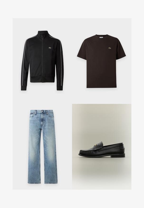 Sort lynlås trackjakke lavet af glat stof, med hvide sidelommer og et lille grønt logo på brystet. Høj krave-design.; Brun T-shirt med korte ærmer lavet af bomuld. Har et diskret grønt broderet krokodillelogo på venstre bryst. Klassisk crew neck design.; Lyseblå denim jeans med lige ben, højt talje, fem lommer, knaplukning og diskrete falmede områder på lår og knæ.; Sort læder slip-on loafer med lav hæl, guldbeslag og præget mærkenavn på siden mod en neutral baggrund.