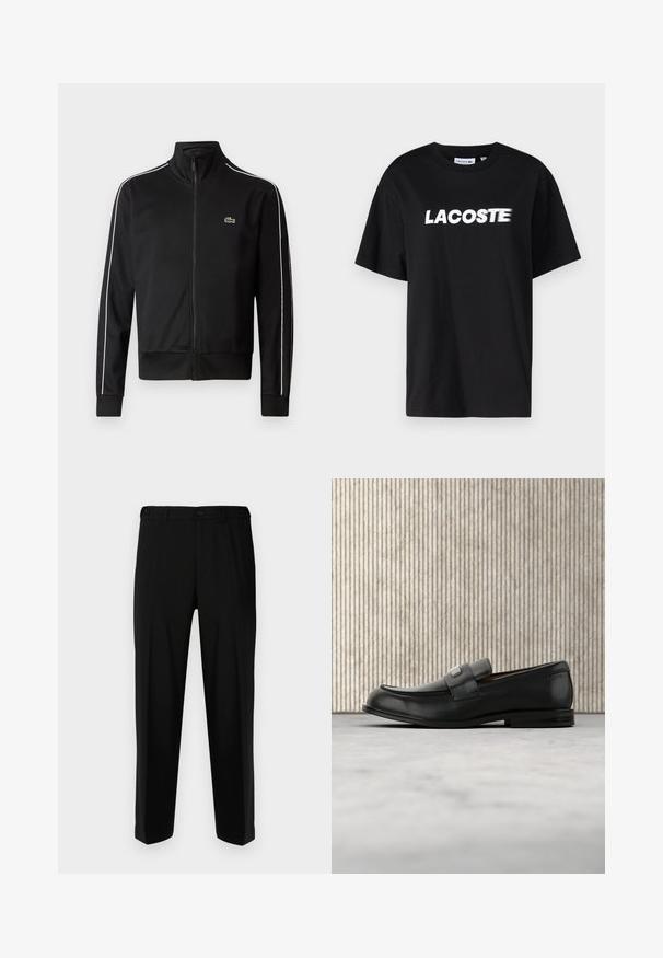 Sort lynlås trackjakke lavet af glat stof, med hvide sidelommer og et lille grønt logo på brystet. Høj krave-design.; Sort bomulds t-shirt med et hvidt trykt "LACOSTE" logo på forsiden. Korte ærmer og rund halsudskæring. Klassisk afslappet pasform.; Sorte bukser lavet af glat stof, med lige snit, to forlommer og lynlås med knaplukning.; Sort læderloafer med metalbrandskilt hvilende nær et brunt rundt bord på beige tæppe.
