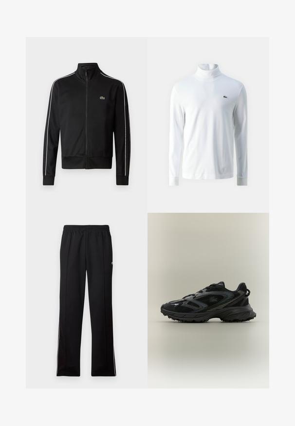 Sort lynlås trackjakke lavet af glat stof, med hvide sidelommer og et lille grønt logo på brystet. Høj krave-design.; Hvid langærmet turtleneck trøje lavet af blødt stof, med et lille grønt broderet logo på brystet og tætsiddende mancher.; Sort hel lange træningsbukser med elastisk talje og hvide sidestrimler, der har et lille grønt logo på den øverste side.; Sort atletisk sko med meshpaneler, en tekstureret sål, snørebånd og en buet silhuet med sølvfarvede accenter på siderne.