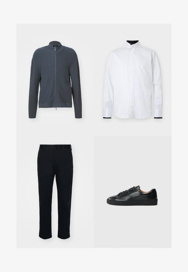 Emporio Armani CARDIGAN - Neuletakki - woodland gray; Valkoinen pitkähiuksinen paita stand collar -kauluksella, jossa on kontrastiväriset mustat yksityiskohdat hihoissa. Valmistettu sileästä kankaasta, minimalistinen tyyli.; Musta housut suoran lahjeilmeen kanssa, valmistettu sileästä kankaasta. Ominaisuuksiin kuuluu vyötärönauha ja vyölenkit, ilman näkyviä taskuja tai kuvioita.; Musta nahkakenkä, jossa on sileä pinta, pyöreä kärki ja nauhakiinnitys. Varusteena paksu kumipohja ja minimaalinen brändäys.