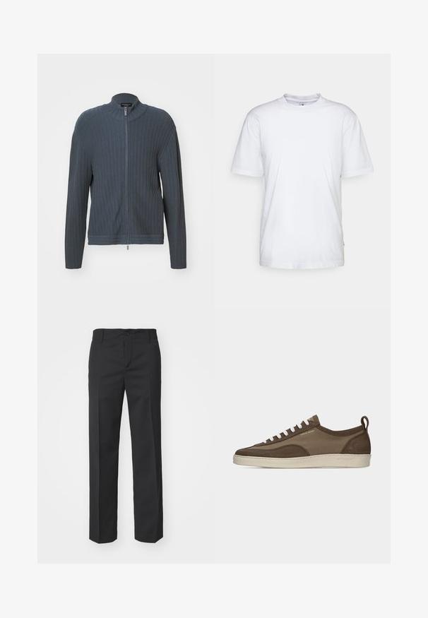 Emporio Armani CARDIGAN - Kardigan - woodland gray; Valge puuvillane T-särk ümmarguse kaelusega, lühikeste käistega ja sirge äärisega. Paremal külgõmblusel on väike brändimärgistus.; Filippa K TROY TROUSERS - Püksid - black; Madal profiiliga pruun vabaajajalats valgete paeltega, beež tallaga, kangast ja seemisnahast pealsega, külje tõmbetabaga ning "Tiger of Sweden" kuldse tekstilogoga.