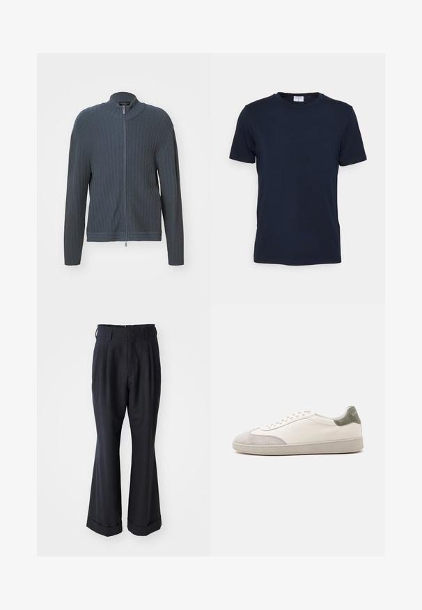 Emporio Armani CARDIGAN - Kardigan - woodland gray; Tumesinine lühikeste varrukatega ümar kaelusega T-särk, mis on valmistatud pehmest kangast. Klassikaline lõige, kaeluses silt. Sujuv tekstuur, minimaalne disain.; Mustade kohandatud püksid, millel on lõdvem istuvus, volditud esiosa ja laiad jalad. Omab keeratud ääriseid ja siledat kangateksti.; Valge madala säärega toss, millel on heledat halli seemisnaha varba- ja kontsakaunistust, valged paelad ja lame beež tald, näidatud välisküljelt.