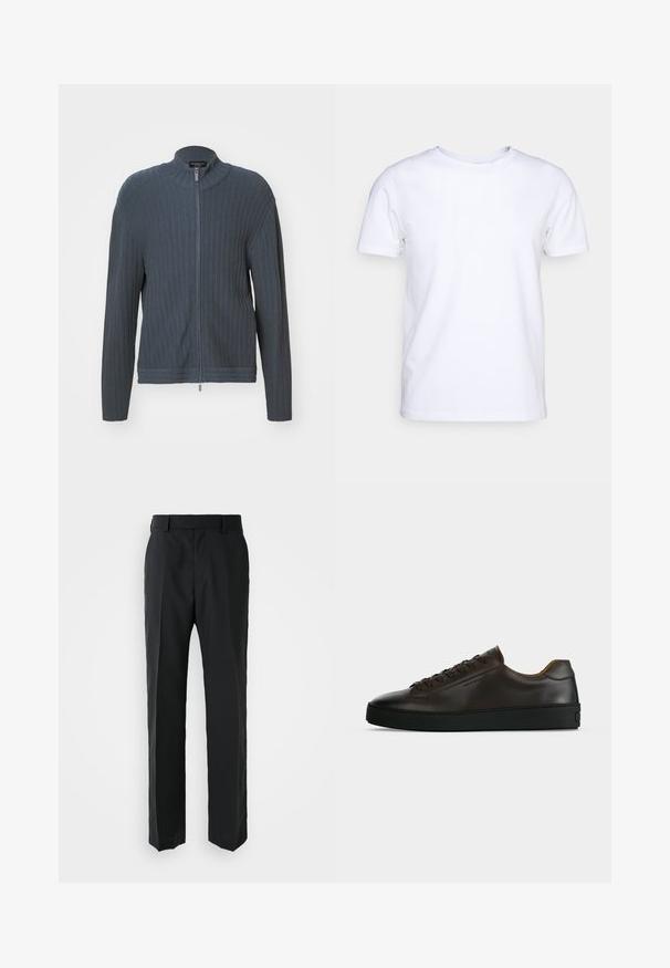 Emporio Armani CARDIGAN - Kardigan - woodland gray; Valge lühikeste varrukatega t-särk puuvillaste kangast, ümmarguse kaelusega. Lihtne disain, ilma mustrite ja detailideta. Sile tekstuur.; Mustad püksid sirge jala disainiga, valmistatud siledast kangast. Omab lamedat vööd ja ei sisalda nähtavaid mustreid ega kaunistusi.; Madalprofiilne tumepruun nahast toss, musta kummist tallaga, eespaelaga ning sile ja minimalistlik disain heledal taustal.