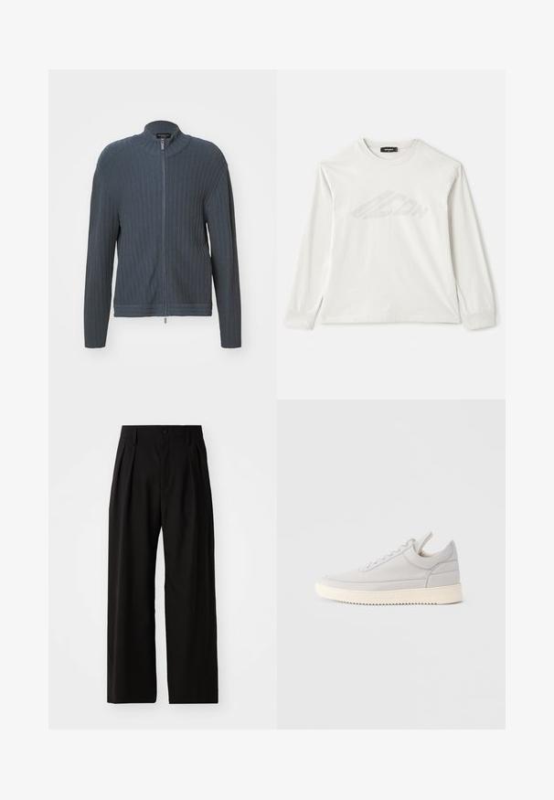 Emporio Armani CARDIGAN - Cardigan - woodland gray; Long-sleeve light gray T-shirt made from cotton, featuring a round neckline, side slits, and a faint printed logo on the front.; Black wide-leg trousers with a smooth texture, featuring two front pleats, a button closure, and side pockets. Durable fabric.; Light gray leather sneaker with textured sides, lace-up front, and cream rubber sole. Features a smooth toe cap and minimal design accents.