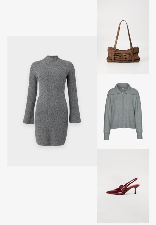 Zachte grijze cardigan met ritssluiting, ribgebreide brede kraag, zoom en manchetten, met lange mouwen en een losse pasvorm.; Grijs gebreid jurkje met een hoge hals, lange mouwen en een getailleerde silhouette. Kenmerkt zich door een verticale ribbelstructuur. Korte zoom.; Rode gepatenteerde leren slingbackhakken met een spitse neus, twee gespsluitingen en een slanke, middelhoge stilettohak. Glad textuur.; Even&Odd Handtas - brown