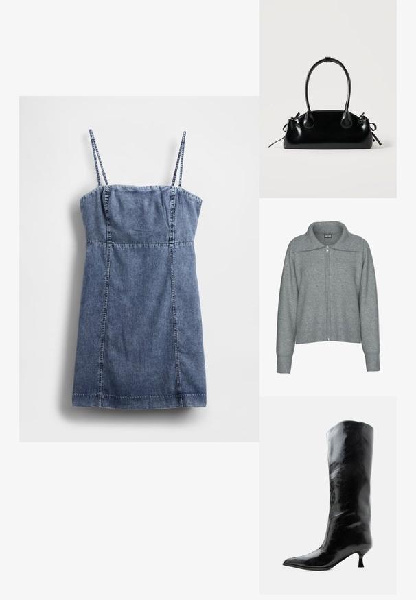Blød grå cardigan med lynlås, bred ribstrikket krave, kant og manchetter, med lange ærmer og en afslappet pasform.; Denimkjole med tynde stropper, tætsiddende bodice og udvidet nederdel. Har en mørkeblå vask og syningsdetaljer langs sømmene.; Sort skinnende knæhøj læderstøvle med spids tå og lav buet hæl på en ensfarvet lys baggrund.; Lille sort blank håndtaske med to lange håndtag og snøre-detaljer i siden på en ensfarvet lys baggrund.