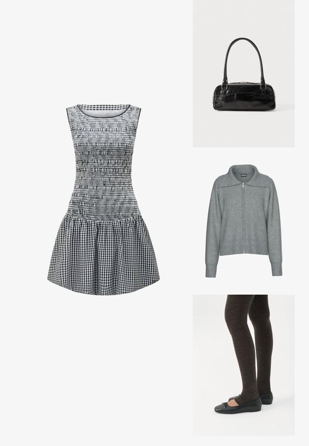 Zachte grijze cardigan met ritssluiting, ribgebreide brede kraag, zoom en manchetten, met lange mouwen en een losse pasvorm.; Zwart-wit geruite jurk met een aansluitend lijfje, smocktextuur en een uitlopende rok. Eenvoudige ronde halslijn en mouwloos ontwerp.; Benen met donkere geribbelde leggings gecombineerd met zwarte ballerina's met kleine strikdetails op een witte achtergrond.; Zwarte leren handtas met een rechthoekige vorm, voorzien van een enkele gestructureerde handgreep, zilveren hardware en ritsluiting. Gladde textuur.