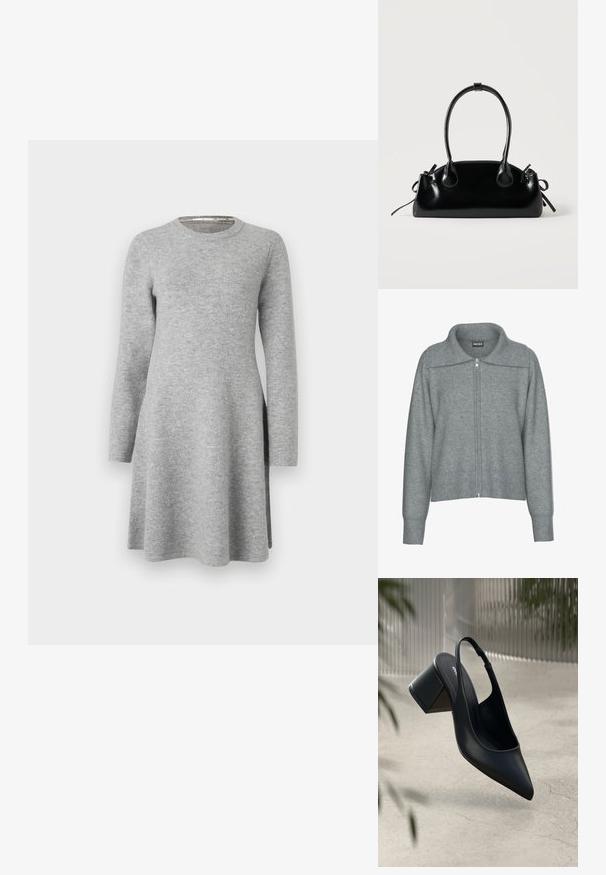 Cardigan gris doux à fermeture éclair avec col large côtelé, ourlet et poignets, doté de manches longues et d'une coupe décontractée.; Robe grise à manches longues en tissu doux ; présente un col rond et une coupe décontractée, s'évasant légèrement à l'ourlet avec des fentes latérales.; Escarpin noir en cuir avec un bout pointu et un talon bloc. Texture lisse, design minimaliste et bride de cheville réglable.; Petit sac à main noir brillant avec deux longues anses et des détails à cordon sur les côtés sur un fond clair uni.