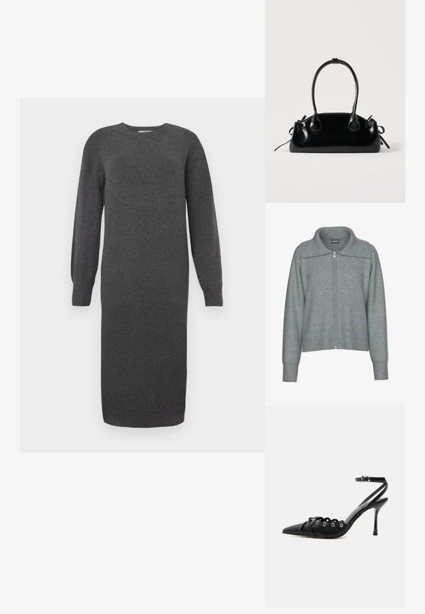 Cárdigan gris suave con cremallera, cuello ancho, dobladillo y puños acanalados, con mangas largas y un ajuste relajado.; Vestido de punto gris oscuro con mangas largas, escote redondo y puños acanalados. Largo hasta la mitad de la pantorrilla y textura suave. Diseño sencillo sin patrones.; Zapato de tacón alto negro con punta fina, bordes ondulados, ojales metálicos, cordones delanteros y una correa en el tobillo con cierre de hebilla.; Pequeño bolso negro brillante con dos asas largas y detalles de cordón lateral sobre un fondo claro liso.