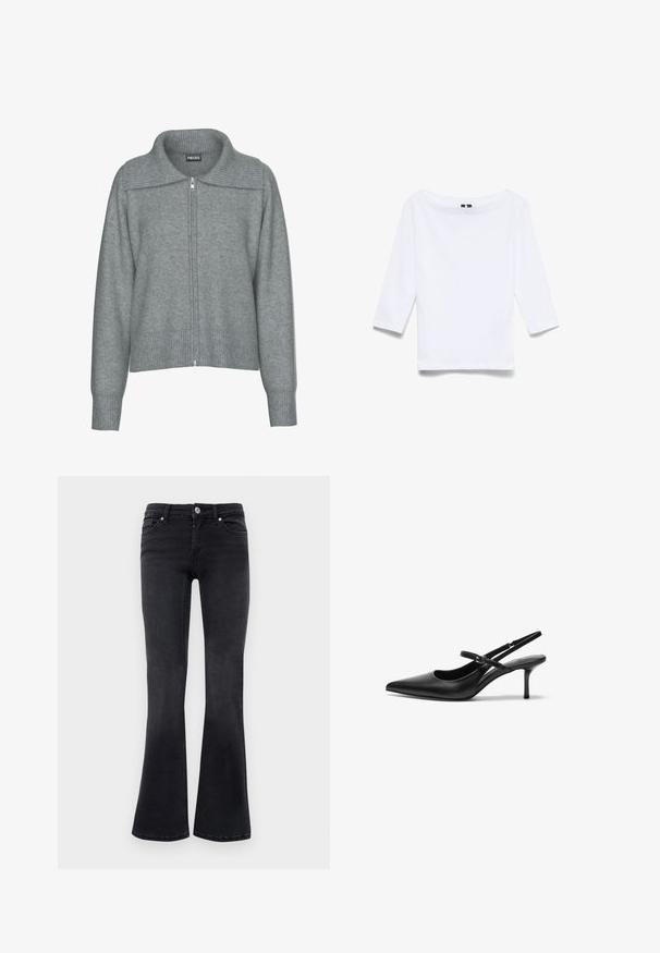 Cardigan gris doux à fermeture éclair avec col large côtelé, ourlet et poignets, doté de manches longues et d'une coupe décontractée.; Chemise blanche à manches trois-quarts en tissu mélangé coton ; présente un large col bateau et une texture lisse et légère.; Jean bootcut en denim noir avec bouton avant, fermeture éclair, passants de ceinture et design à cinq poches.; Talons aiguilles noires en cuir avec un bout pointu, une fine bride réglable, et un talon aiguille d'environ 5 cm, texture lisse.