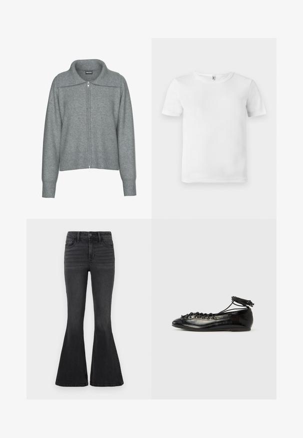 Blød grå cardigan med lynlås, bred ribstrikket krave, kant og manchetter, med lange ærmer og en afslappet pasform.; Hvid kortærmet t-shirt med ribbet tekstur. Klassisk crew neckline, ingen synlige logoer eller mønstre, og et simpelt, rent design.; Sorte flared jeans i denim med ensfarvet design, der har et standard liv, fem lommer og diskrete syninger foran.; Sorte balletflade sko i laklæder med rundet tå, snørelukning og flad sål. Glat tekstur med få detaljer.