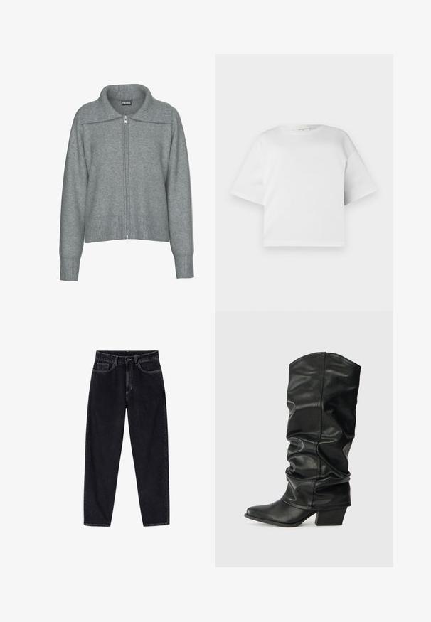 Blød grå cardigan med lynlås, bred ribstrikket krave, kant og manchetter, med lange ærmer og en afslappet pasform.; Hvid cropped t-shirt lavet af glat bomuld, med rund hals og korte, brede ærmer. Enkel, ren design uden synlige mønstre.; Sorte højtaljede jeans med lige ben, foran med knap, lynlås, bæltestropper og fem lommer, vist på en hvid baggrund.; Sorte læderknæhøje støvler med et skrånet design, spids tå og chunky hæl, der har en glat overflade og minimal syning.