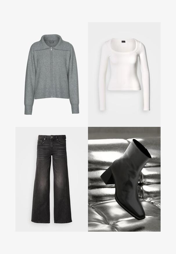 Cárdigan gris suave con cremallera, cuello ancho, dobladillo y puños acanalados, con mangas largas y un ajuste relajado.; Camiseta blanca de manga larga con escote redondeado. Confeccionada en tejido de canalé, presenta un diseño ajustado y una textura suave con un acabado sin costuras.; Vaqueros de mezclilla negra de pierna ancha con detalles descoloridos, diseño de cinco bolsillos, cierre de botón y cremallera.; Botín negro de tobillo hecho de material brillante, con punta cuadrada y tacón cónico, contra un fondo plateado brillante con almohadillado.