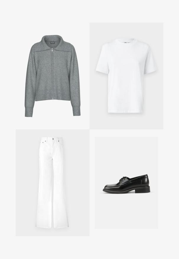 Blød grå cardigan med lynlås, bred ribstrikket krave, kant og manchetter, med lange ærmer og en afslappet pasform.; Hvid bomulds T-shirt med rund hals, kortærmet og en glat tekstur. Designet med en afslappet pasform for komfort og alsidighed.; Hvide denim flared jeans med høj talje, fem lommer og metalknaplukning. Glat tekstur, enkelt design; lige ben der smalner ind ved kanten.; Sort læder dress sko med en glat overflade, rund tå, snøring med to huller og en solid blokhæl. Enkel design uden mønstre.