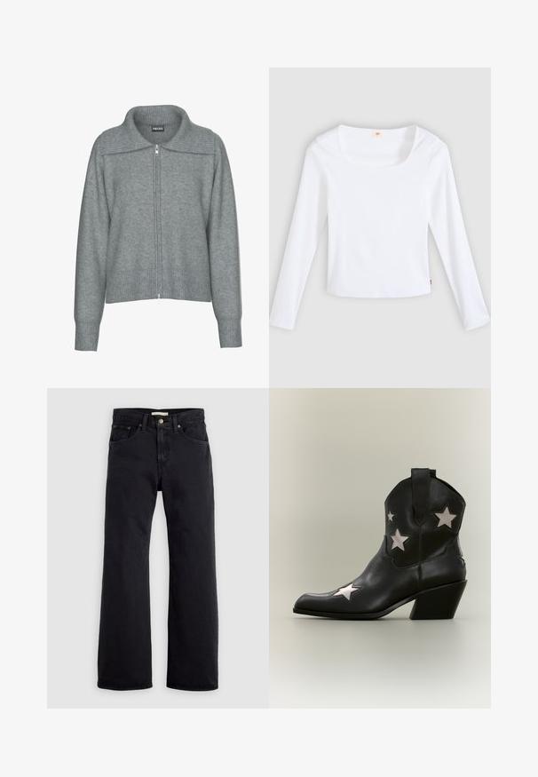 Sanfter grauer Reißverschluss-Cardigan mit breitem, geripptem Kragen, Saum und Bündchen, mit langen Ärmeln und lässiger Passform.; Weißes Langarm-T-Shirt aus Rippstoff mit quadratischem Ausschnitt und figurbetontem Schnitt, mit einem kleinen Logobändchen an der Seite.; Schwarze High-Waist-Jeans mit geradem Bein, vorne mit Knopf- und Reißverschluss sowie Fünf-Taschen-Design vor einfachem hellem Hintergrund.; Schwarzer Leder-Cowboystiefel bis zum Knöchel mit mittelhohem schrägem Absatz und weißen sternförmigen Ausschnitten an den Seiten und an der Spitze.