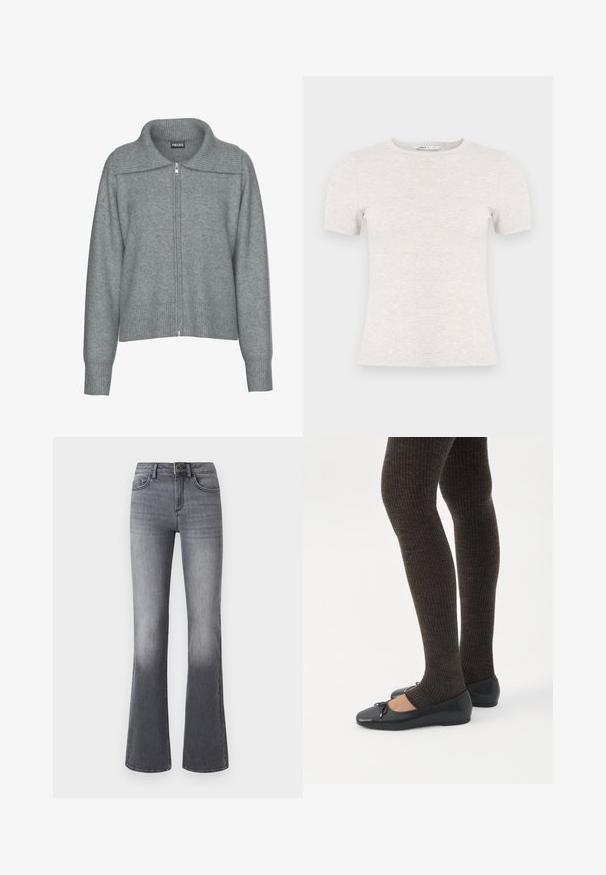 Zachte grijze cardigan met ritssluiting, ribgebreide brede kraag, zoom en manchetten, met lange mouwen en een losse pasvorm.; Lichtgrijs T-shirt met korte mouwen, gemaakt van geribbelde stof met een ronde hals. Eenvoudig ontwerp, gladde textuur, geen zichtbare patronen of accenten.; High-waisted flared jeans in donkergrijze denim, met voorzakken, een knoopsluiting en subtiele vervaging naar de zoom toe.; Benen met donkere geribbelde leggings gecombineerd met zwarte ballerina's met kleine strikdetails op een witte achtergrond.