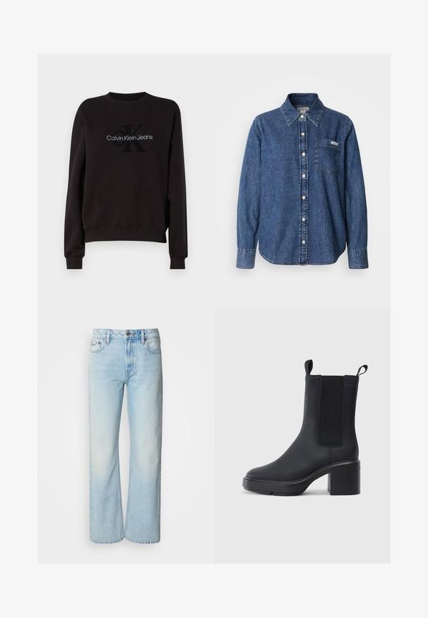 Sweatshirt noir avec col rond côtelé et poignets. Logo brodé comprenant "Calvin Klein Jeans" et "CK" dans des couleurs contrastées.; Chemise en denim bleu à manches longues, boutonnage avant, col, poche poitrine unique et détails de couture subtils. Texture lisse et coupe décontractée.; Jeans à jambes larges bleu clair en denim, présentant un design classique à cinq poches et une texture légèrement décolorée. La couture en denim est visible.; Bottines noires avec un matériau en caoutchouc lisse, des panneaux latéraux élastiques, un talon carré et des tirettes en haut pour un enfilage facile.