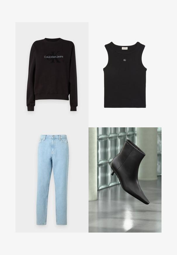 Sudadera negra con cuello redondo y puños acanalados. El logo bordado incluye "Calvin Klein Jeans" y "CK" en colores contrastantes.; Top sin mangas negro acanalado con cuello redondo, etiqueta Calvin Klein Jeans dentro del cuello y pequeño parche con el logo CK en el pecho.; Pantalones vaqueros de denim azul claro con un corte recto, diseño de cinco bolsillos y cierre de botones. Presentan un ligero desvanecimiento y una textura suave.; Bota de cuero negro para el tobillo con puntera puntiaguda y tacón pequeño, exhibida frente a una pared de bloques de vidrio y un suelo pulido.