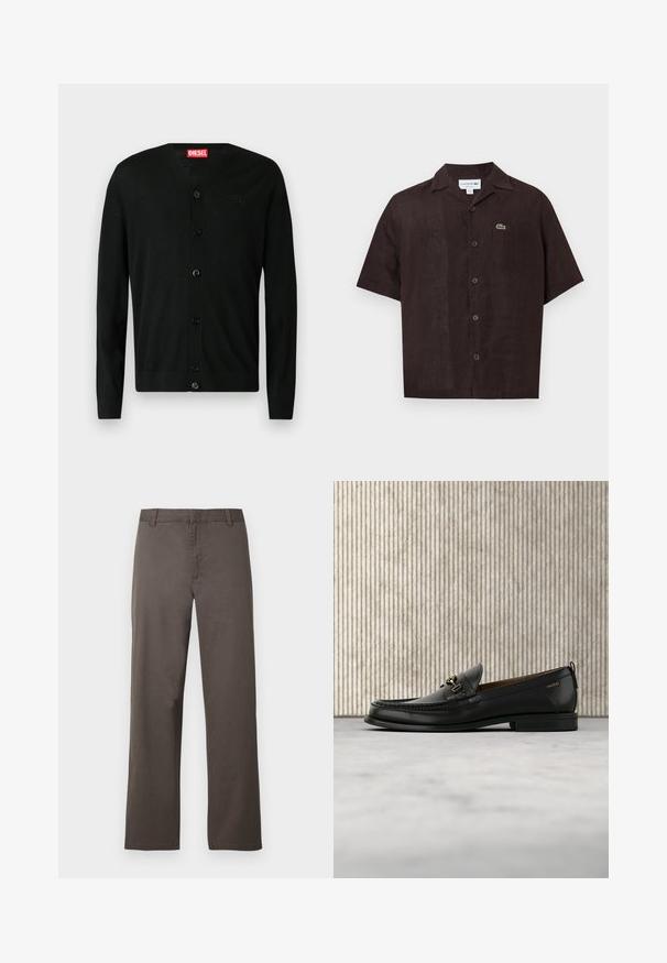 Zwarte lange mouwen cardigan met knopen en V-hals, met een klein geborduurd logo op de borst en een rood Diesel merklabel aan de binnenkant van de kraag.; Korte mouw, donkerbruin overhemd met een linnenachtige textuur. Voorzien van een kraag, knopen aan de voorkant en een klein groen logo op het borstzakje.; Bruine katoenen broek met een rechte pijp, voorzien van riemlussen en een gladde textuur. Geen zichtbare patronen of metalen details.; Zwarte leren loafer met gouden metalen gesp en "HUGO" branding, weergegeven tegen een beige tapijt en bruin doorschijnend meubilair.