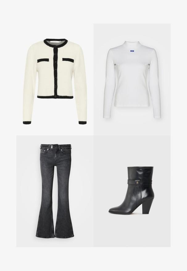 Witte geknipte cardigan van zachte stof met zwarte randen, voorzien van een ronde halslijn, knoopsluiting en twee borstzakken.; Witte lange mouw turtleneck top van rekbare stof, met een strakke pasvorm en een klein blauw logo op de borst.; Zwarte flared jeans gemaakt van denim, met een taille op middenhoogte, vijf zakken en een gestikte zoom. Decoratief logo op het achterste tailleband.; Tommy Hilfiger Enkellaarsjes met hoge hak - black