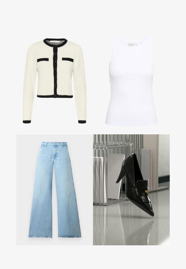 Hvid cropped cardigan i blødt stof med sorte kanter, med rund halsudskæring, knaplukning og to brystlommer.; Hvid ribbet tanktop med rund halsudskæring og uden ærmer. Strækbart stof og tætsiddende design. Etiketten bagpå viser "GESTUZ."; Lysblå brede jeans lavet af denim med høj talje, der har en knaplukning og fem lommer. Glat tekstur med en afslappet silhuet.; Sort læder højhælet sko med spids snude og dekorativ frynse svævende over en skinnende gulv nær metalreol med dokumenter.