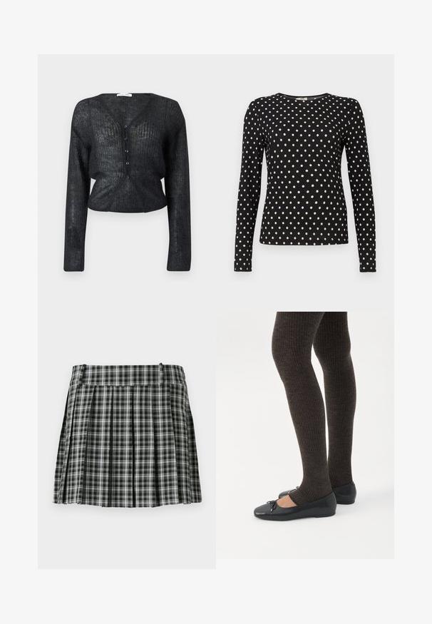Cardigan noir en maille avec un col en V, des manches longues et une coupe courte. Dispose d'une fermeture boutonnée et d'un tissu texturé avec un léger éclat.; Haut à manches longues noir avec des pois blancs, col rond et tissu texturé. Offre une silhouette ajustée, idéale pour un look décontracté.; Jupe plissée à carreaux noir et blanc avec une taille lisse et de multiples plis verticaux. Fabriquée en tissu léger.; Jambes portant des leggings côtelés foncés associés à des ballerines noires avec de petits détails en nœud sur fond blanc.