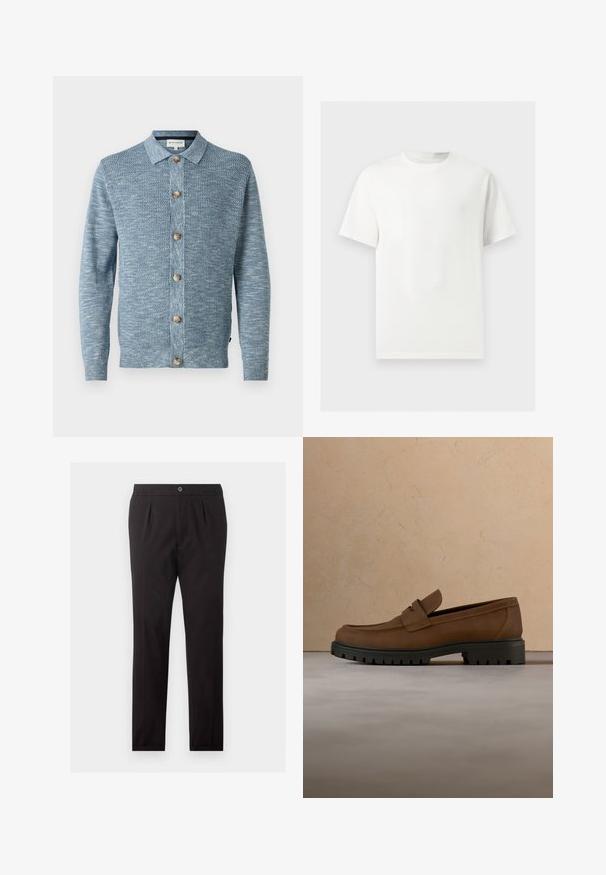 Cardigan en tricot bleu clair avec un motif texturé, doté d'une fermeture à boutons à l'avant et de boutons en bois, avec des manches longues et un col classique.; T-shirt blanc uni à manches courtes et col rond présenté sur un fond gris clair.; Pantalon formel noir avec fermeture par bouton et zip, poches latérales et coupe droite et ajustée.; Mocassin en cuir marron foncé avec semelle épaisse en caoutchouc noir présenté au-dessus d’un tapis beige et d’un canapé en arrière-plan.
