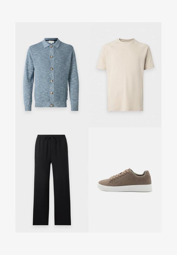 Cardigan en tricot bleu clair avec un motif texturé, doté d'une fermeture à boutons à l'avant et de boutons en bois, avec des manches longues et un col classique.; T-shirt beige à manches courtes, col rond, manches raglan, uni et fabriqué en tissu lisse.; Pantalon noir ample avec taille élastique et cordon de serrage à l'avant, jambes droites, design sobre, présenté sur un fond neutre.; Baskets en daim marron avec des semelles en caoutchouc blanc plat, design lacé, bout rond et texture lisse. Style minimaliste avec des détails de couture subtils.