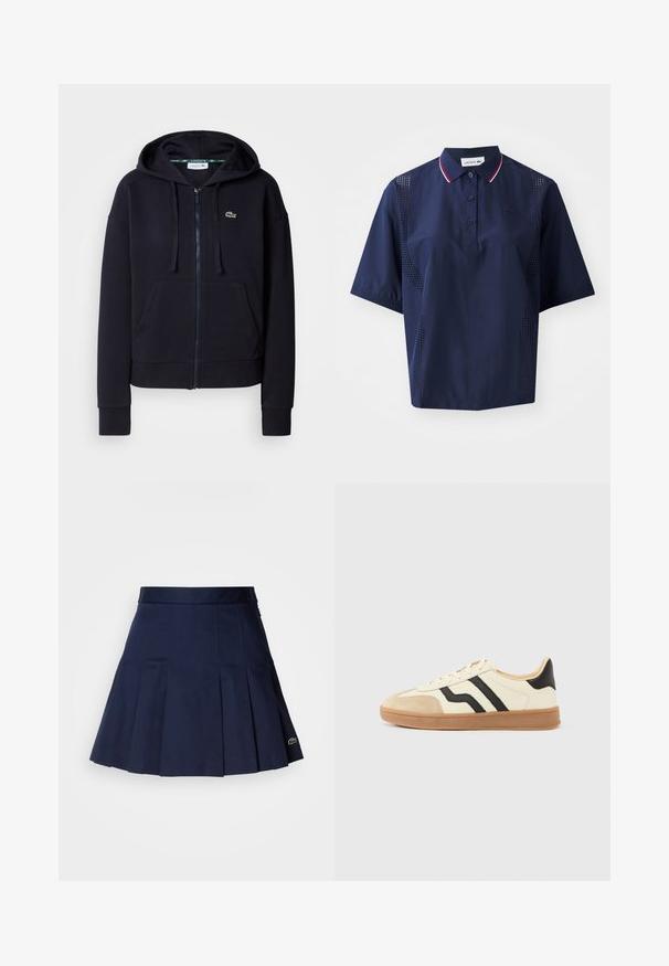 Navy vetoketjullinen huppari, joka on valmistettu pehmeästä puuvillakankaasta. Siinä on etutasku, kiristettävä huppu, ribattu hihansuut ja pieni brodeerattu logo.; Tummansininen lyhythihainen polo-paita nappikiinnityksellä, kontrastivärinen kaulus punaisilla ja valkoisilla yksityiskohdilla sekä rei'itetyt sivupaneelit hengittävyyden parantamiseksi.; Navy pleated skirt with a fitted waistband, made from a smooth fabric. Features a small Lacoste logo on the hem.; Nauhakengät, joissa on kermaiseen yläosaan mustat raidat ja mokkanahkainen kärkikappale, täydentäen ruskealla kumipohjalla.