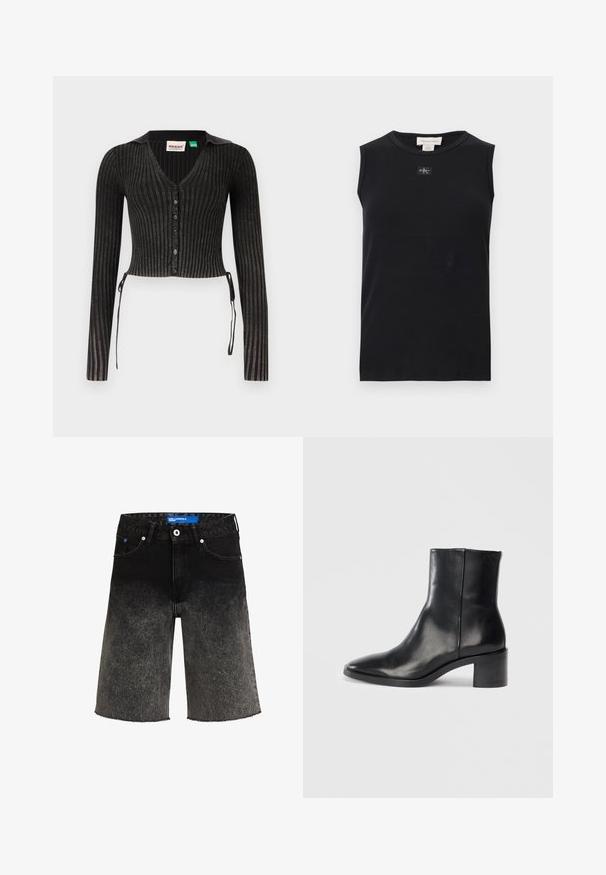 Sort ribbet cropped cardigan med lange ærmer, V-hals, knaplukning og sideslyng. Har et tekstureret strikmønster.; Sort ærmeløs ribstrikket tanktop med rund halsudskæring og lille Calvin Klein-logo, der er placeret centralt under kraven.; Sorte denimshorts med en gradientfade fra mørk til lys. Har en frynset kant, to frontlommer og et mærket blåt label på taljen.; Sorte læderankelstøvle med spids tå, lav blokhæl og subtilt præget logo. Glat tekstur med et elegant design og minimal søm.