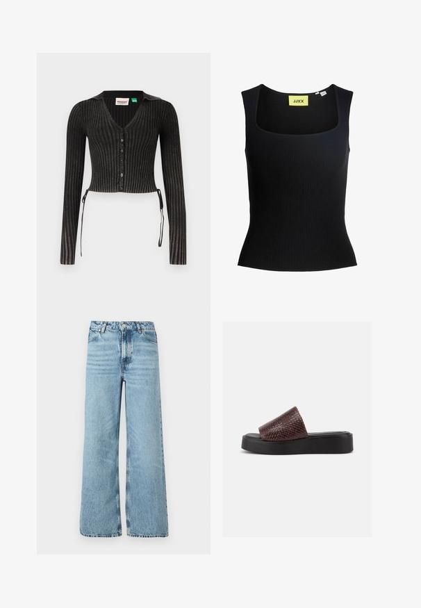 Sort ribbet cropped cardigan med lange ærmer, V-hals, knaplukning og sideslyng. Har et tekstureret strikmønster.; Sort ribbet ærmeløs top med firkantet halsudskæring og JJXX-mærke inde i kraven.; Lyseblå wide-leg jeans lavet af denim, med høj talje, fem-lomme design og kontraststing langs sømmene.; Brun flettet læder-sandal med tyk sort platformsål, åben tå og slip-on design, vist på hvid baggrund.