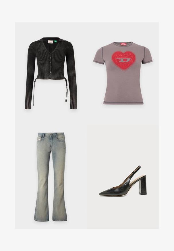 Sort ribbet cropped cardigan med lange ærmer, V-hals, knaplukning og sideslyng. Har et tekstureret strikmønster.; Tilpasset grå T-shirt med korte ærmer, rød hjerte og sølv "D" logo dekoreret med små nitter på brystet.; Lys blå denim flared jeans med en mid-rise talje, subtilt slid og standard fem-lomme design. Har en front knaplukning.; Sort læder peep-toe slingback sko med høj blokhæl og beige indvendig foring mod en ensfarvet lys baggrund.