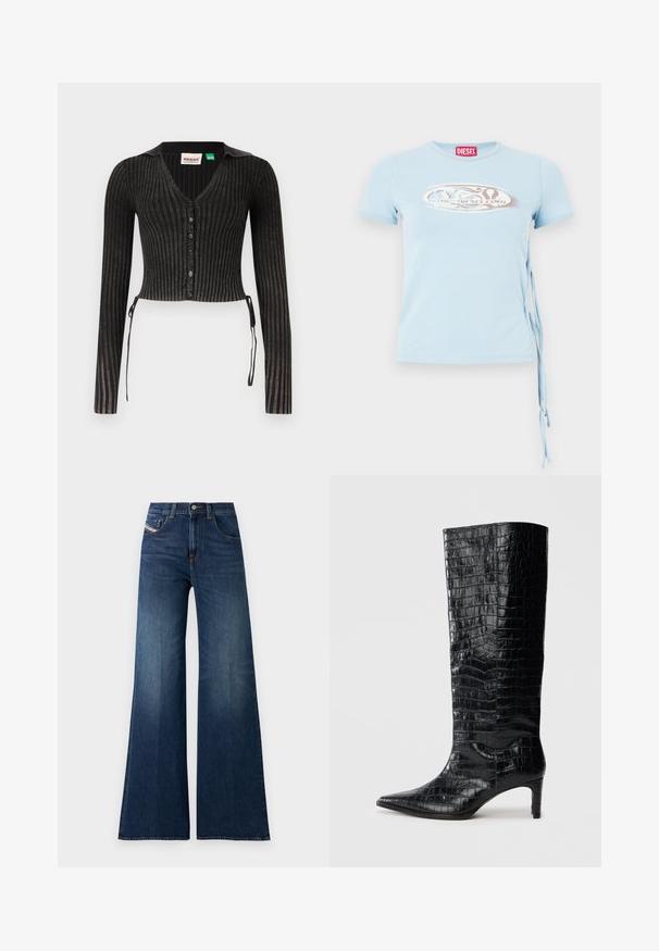 Sort ribbet cropped cardigan med lange ærmer, V-hals, knaplukning og sideslyng. Har et tekstureret strikmønster.; Lys blå kortærmet T-shirt med rund halsudskæring, sidebindinger og et grafisk print med teksten "www.diesel.com" i sølv.; Højtaljede mørkeblå brede bukser med for- og møntlommer, knaplukning og subtile slidser på lårene.; Sorte knæhøje støvler med en blank, krokodillemønstret tekstur, spids tå og en affaset hæl. Glat syntetisk materiale.