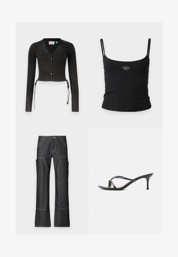 Schwarze gerippte, kurz geschnittene Strickjacke mit langen Ärmeln, V-Ausschnitt, Knopfverschluss und Seitenschnüren. Verfügt über ein strukturiertes Strickmuster.; Schwarzes, geripptes Camisole-Oberteil mit dünnen Trägern und einem kleinen metallischen Logo in der Mitte. Der Stoff wirkt dehnbar und figurbetont.; Dunkelblaue Cargo-Hosen aus Denim mit weißer Kontrastnaht, ausgestattet mit mehreren Taschen und einem schmal zulaufenden Bein-Design. Robustes Material und Metallknopf-Verschluss.; Schwarze Peeptoe-Sandale aus Lackleder mit dünnen, gekreuzten Riemen und einem schlanken, mittelhohen Stilettoabsatz vor weißem Hintergrund.